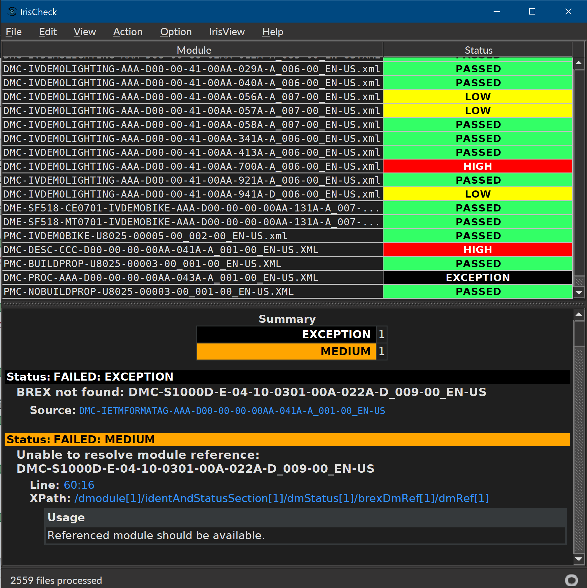 IrisCheck Screenshot With S1000D Bike Sample Check Failure Detail Selected