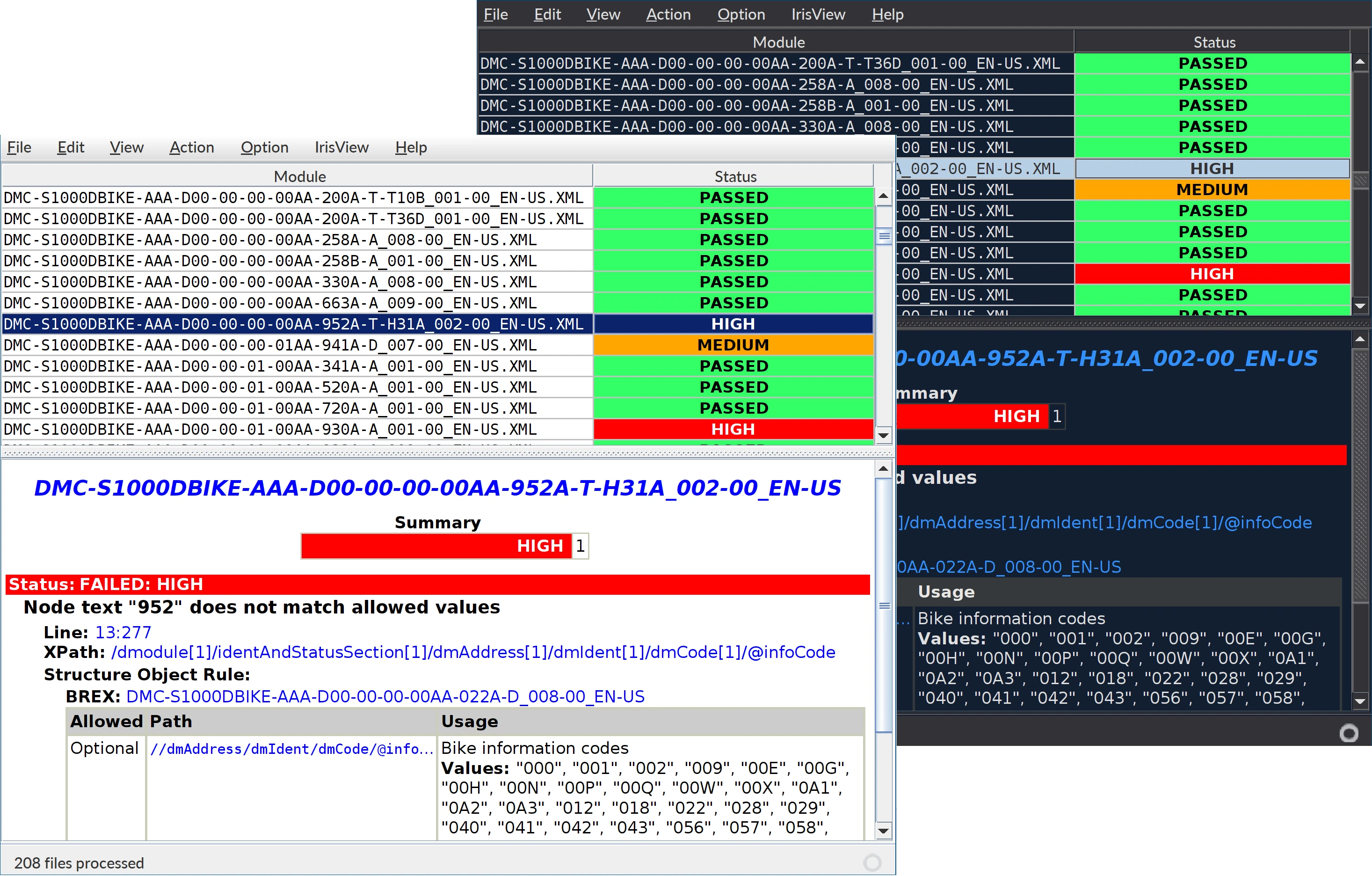 Dual-mode screenshot of IrisCheck, the S1000D Validation 
			and BREX Authoring Assistant. The image is split, showing 
			the identical UI layout. The left side is in a clean, 
			high-contrast light mode, detailing validation results 
			and XML structure. The right side is in a low-glare dark mode, 
			emphasizing reduced eye strain and enhanced focus for 
			extended sessions of S1000D validation and complex 
			BREX configuration. 