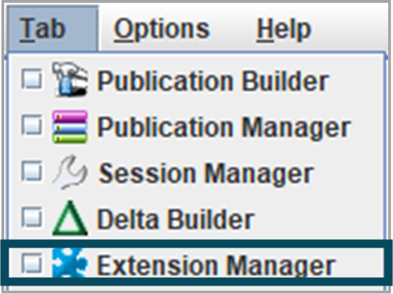 Screenshot of Extension Manage menu choice from the Tab Main Menu.